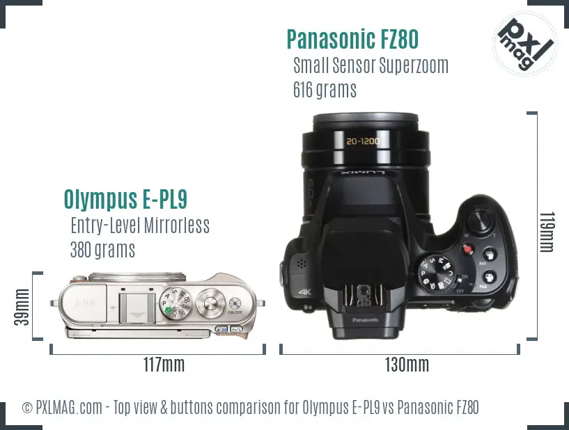 Olympus E-PL9 vs Panasonic FZ80 top view buttons comparison
