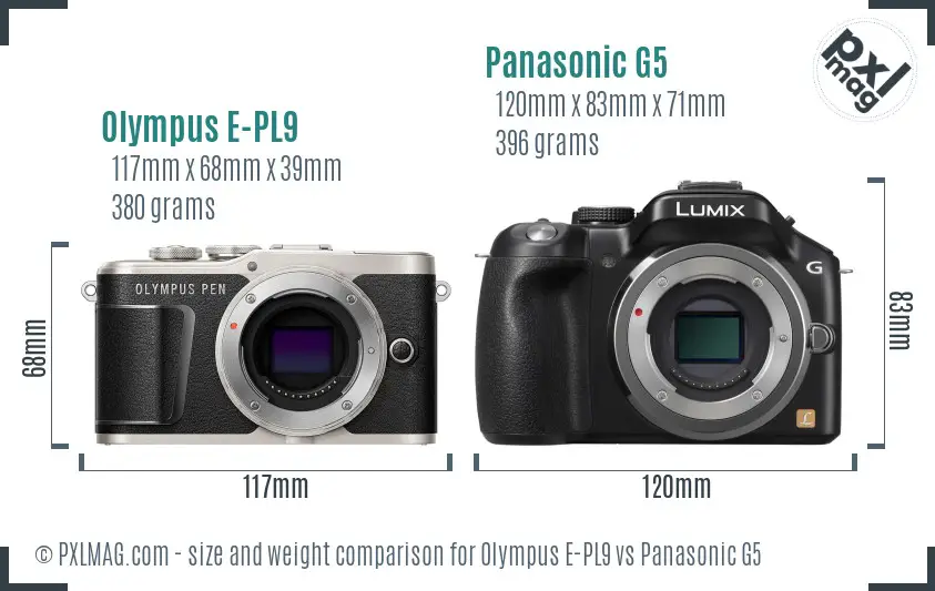 Olympus E-PL9 vs Panasonic G5 size comparison