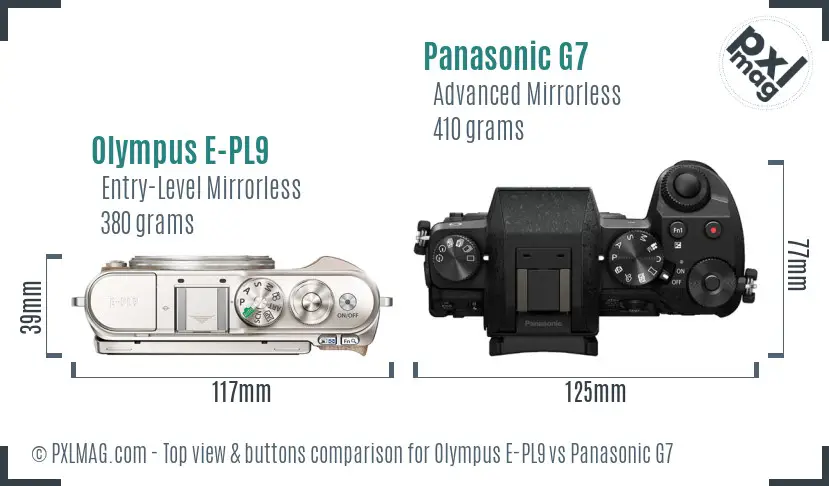 Olympus E-PL9 vs Panasonic G7 top view buttons comparison