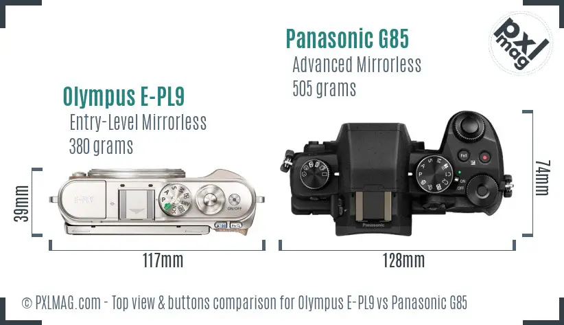Olympus E-PL9 vs Panasonic G85 top view buttons comparison
