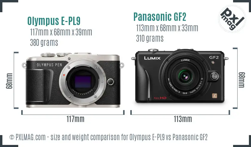 Olympus E-PL9 vs Panasonic GF2 size comparison