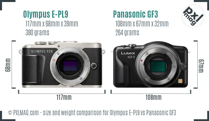 Olympus E-PL9 vs Panasonic GF3 size comparison