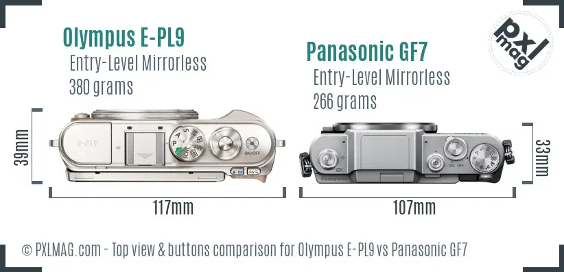 Olympus E-PL9 vs Panasonic GF7 top view buttons comparison