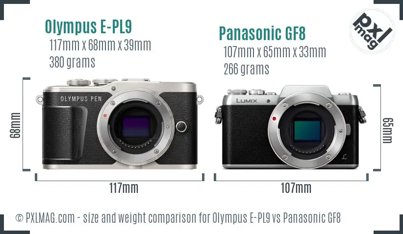 Olympus E-PL9 vs Panasonic GF8 size comparison