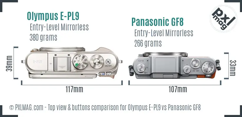 Olympus E-PL9 vs Panasonic GF8 top view buttons comparison