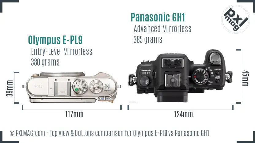 Olympus E-PL9 vs Panasonic GH1 top view buttons comparison