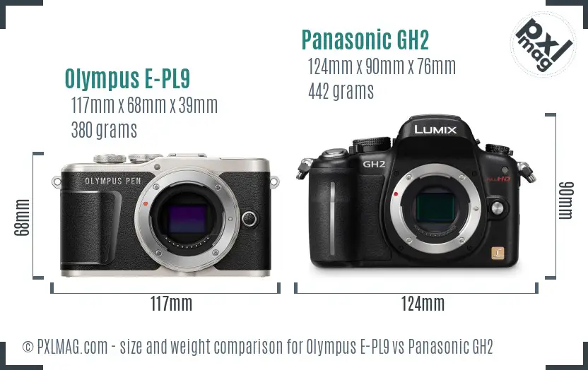 Olympus E-PL9 vs Panasonic GH2 size comparison