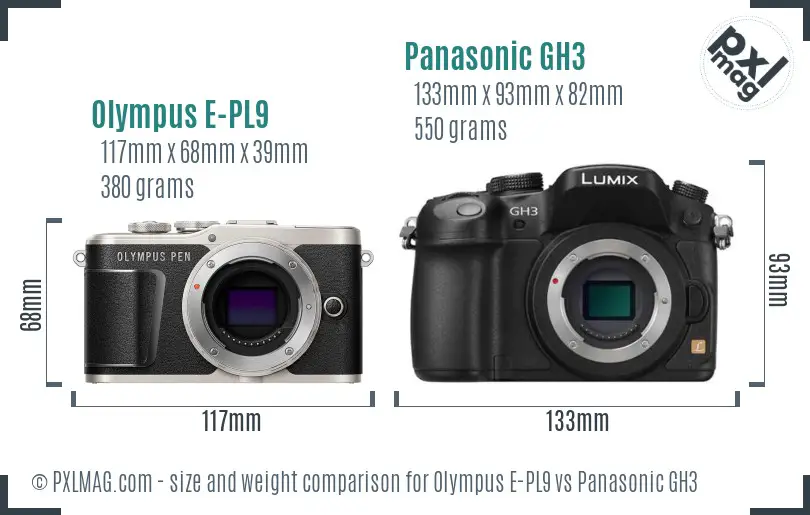 Olympus E-PL9 vs Panasonic GH3 size comparison