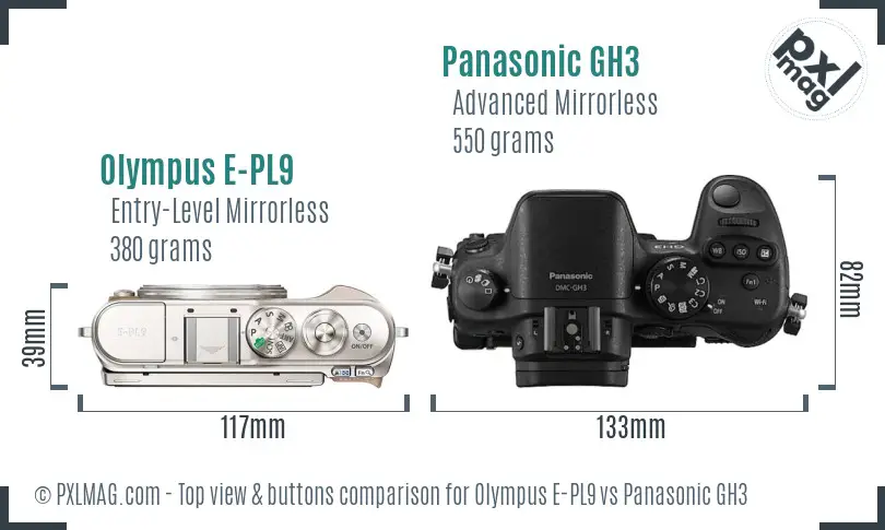 Olympus E-PL9 vs Panasonic GH3 top view buttons comparison