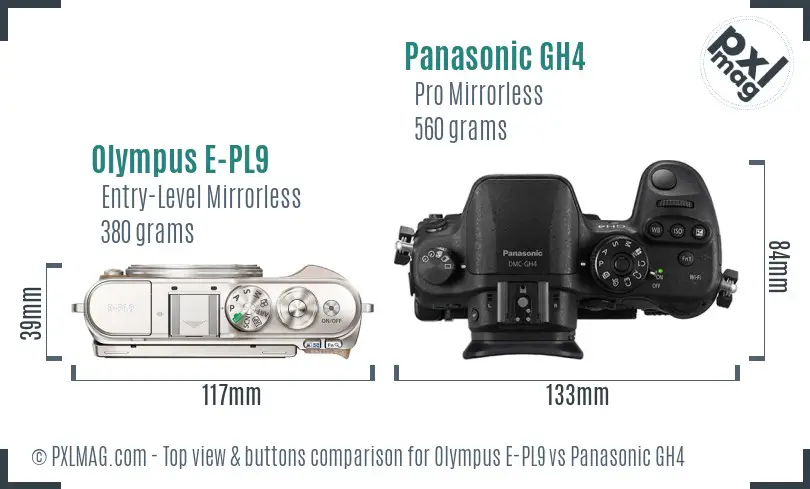 Olympus E-PL9 vs Panasonic GH4 top view buttons comparison