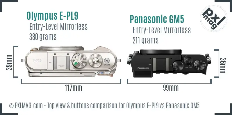 Olympus E-PL9 vs Panasonic GM5 top view buttons comparison