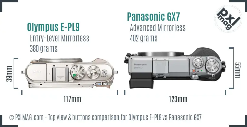 Olympus E-PL9 vs Panasonic GX7 top view buttons comparison