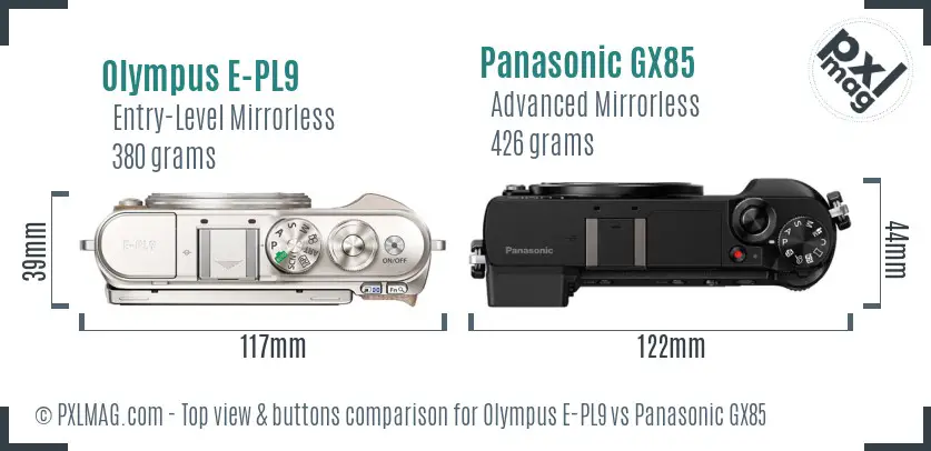 Olympus E-PL9 vs Panasonic GX85 top view buttons comparison