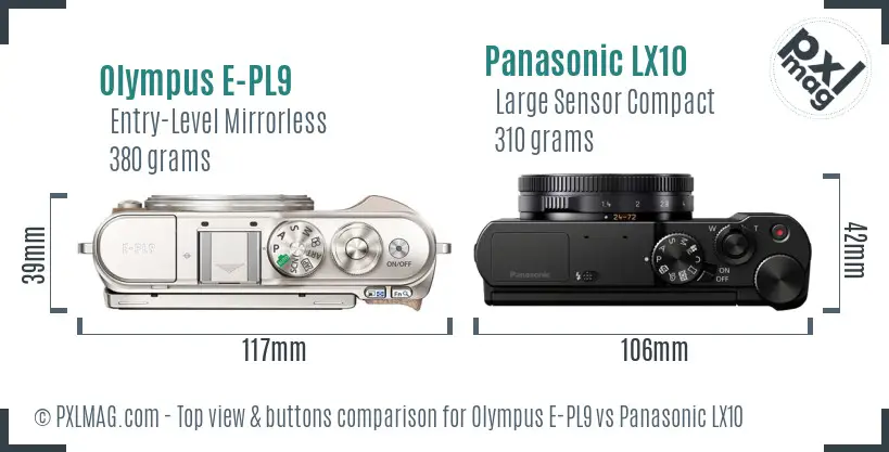 Olympus E-PL9 vs Panasonic LX10 top view buttons comparison