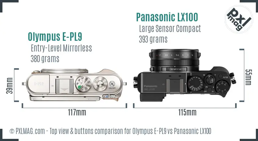 Olympus E-PL9 vs Panasonic LX100 top view buttons comparison