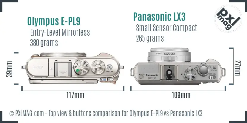 Olympus E-PL9 vs Panasonic LX3 top view buttons comparison