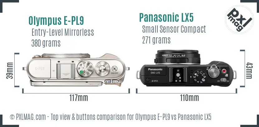 Olympus E-PL9 vs Panasonic LX5 top view buttons comparison