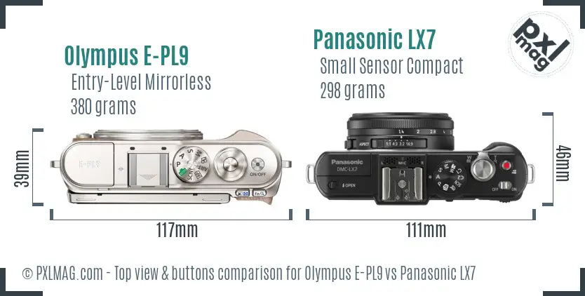 Olympus E-PL9 vs Panasonic LX7 top view buttons comparison