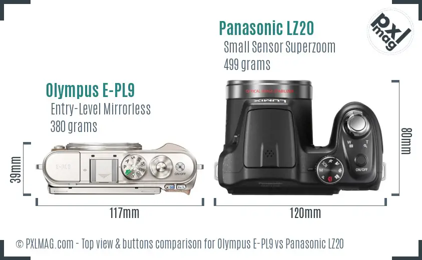 Olympus E-PL9 vs Panasonic LZ20 top view buttons comparison