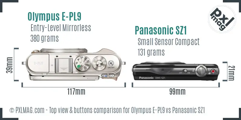 Olympus E-PL9 vs Panasonic SZ1 top view buttons comparison