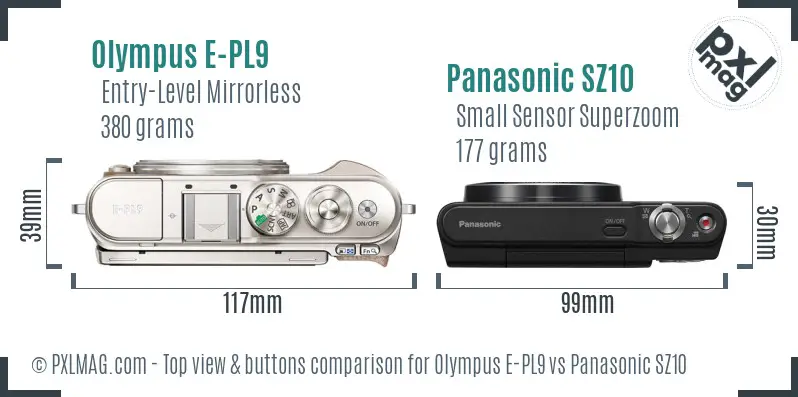 Olympus E-PL9 vs Panasonic SZ10 top view buttons comparison