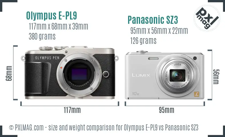 Olympus E-PL9 vs Panasonic SZ3 size comparison