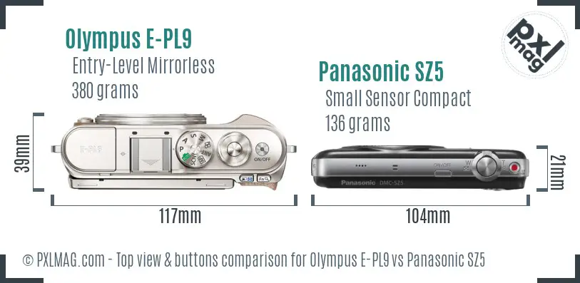Olympus E-PL9 vs Panasonic SZ5 top view buttons comparison
