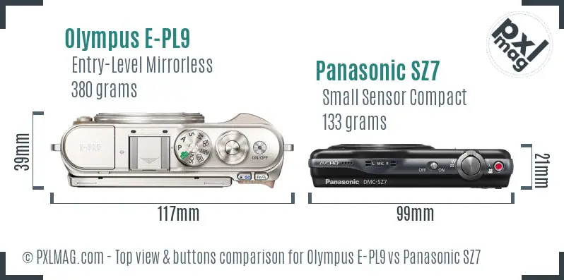 Olympus E-PL9 vs Panasonic SZ7 top view buttons comparison
