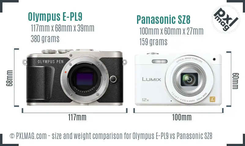 Olympus E-PL9 vs Panasonic SZ8 size comparison