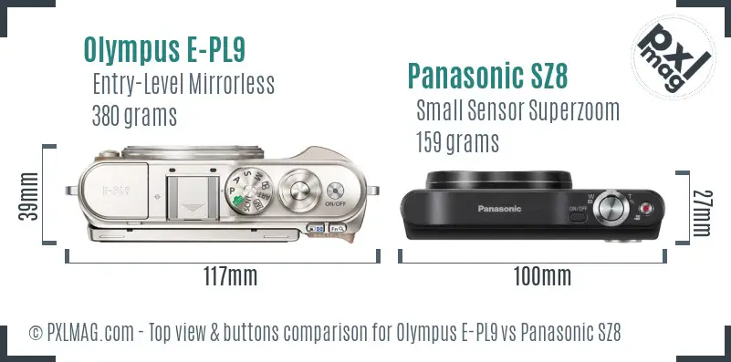 Olympus E-PL9 vs Panasonic SZ8 top view buttons comparison