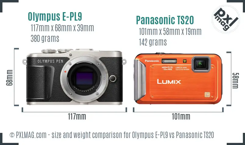 Olympus E-PL9 vs Panasonic TS20 size comparison