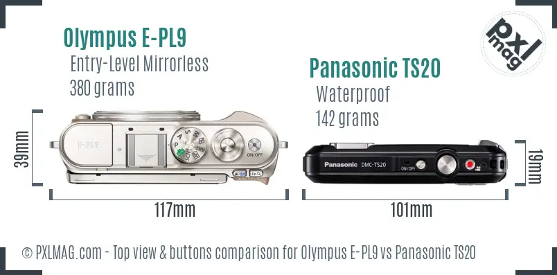Olympus E-PL9 vs Panasonic TS20 top view buttons comparison