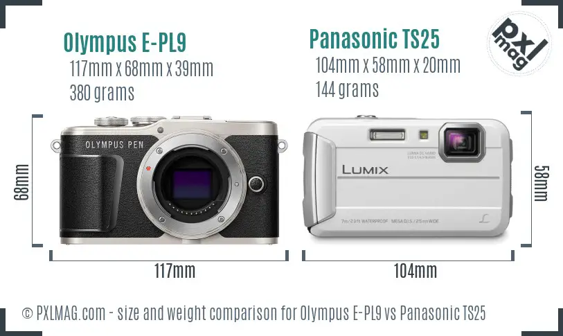 Olympus E-PL9 vs Panasonic TS25 size comparison