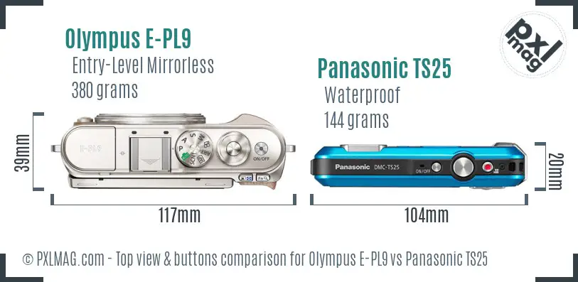 Olympus E-PL9 vs Panasonic TS25 top view buttons comparison