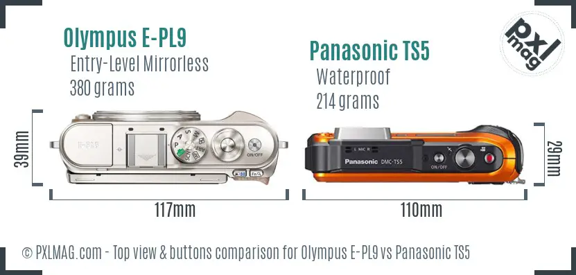 Olympus E-PL9 vs Panasonic TS5 top view buttons comparison