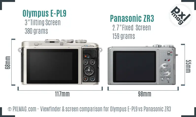 Olympus E-PL9 vs Panasonic ZR3 Screen and Viewfinder comparison