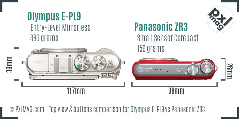 Olympus E-PL9 vs Panasonic ZR3 top view buttons comparison