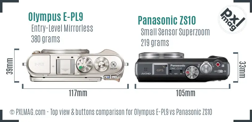 Olympus E-PL9 vs Panasonic ZS10 top view buttons comparison