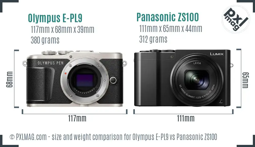 Olympus E-PL9 vs Panasonic ZS100 size comparison