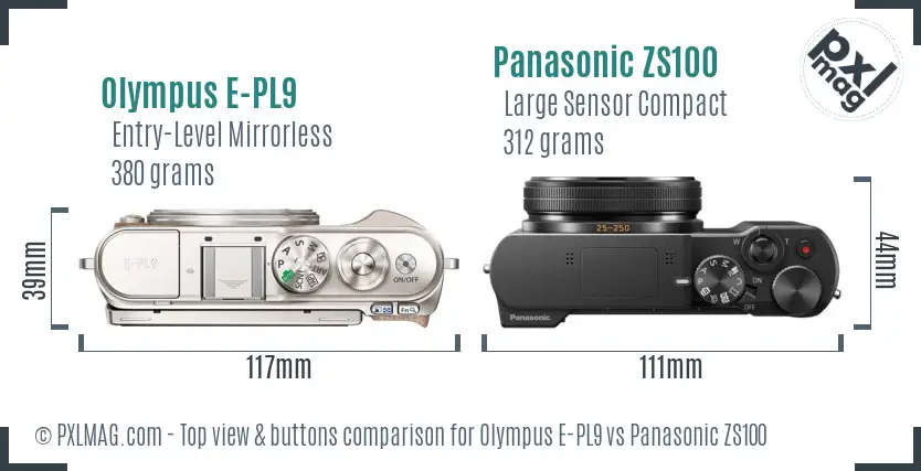 Olympus E-PL9 vs Panasonic ZS100 top view buttons comparison