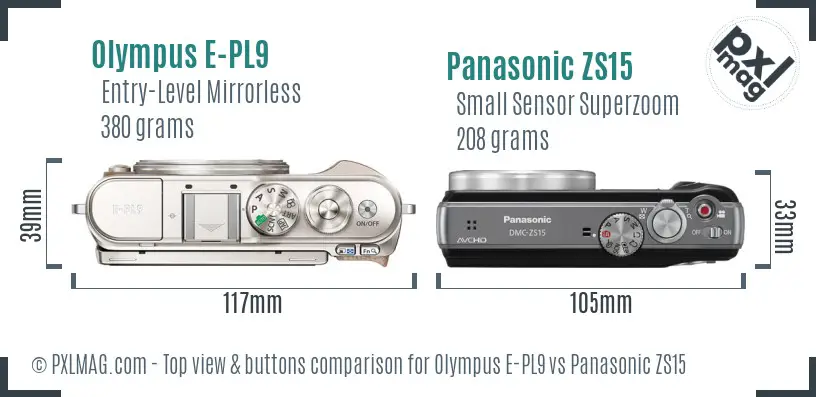 Olympus E-PL9 vs Panasonic ZS15 top view buttons comparison