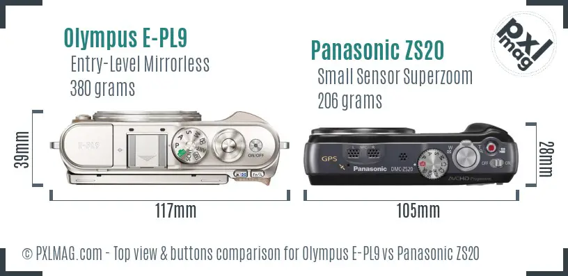 Olympus E-PL9 vs Panasonic ZS20 top view buttons comparison