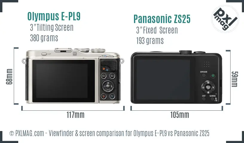 Olympus E-PL9 vs Panasonic ZS25 Screen and Viewfinder comparison
