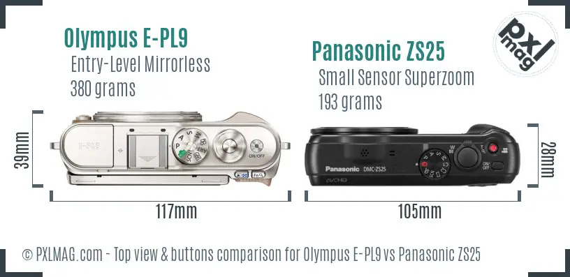 Olympus E-PL9 vs Panasonic ZS25 top view buttons comparison