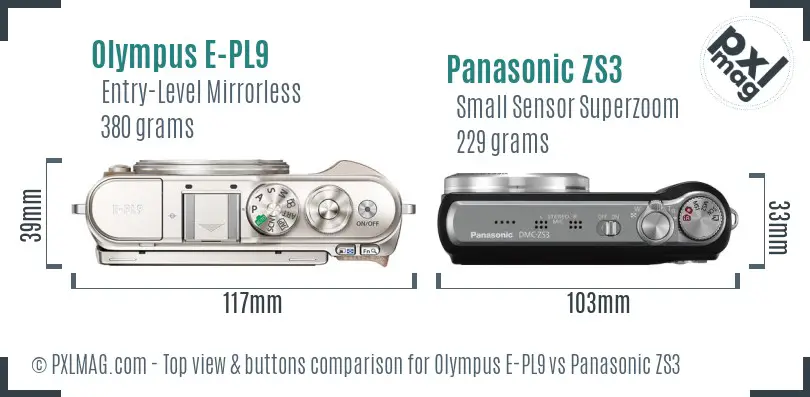 Olympus E-PL9 vs Panasonic ZS3 top view buttons comparison