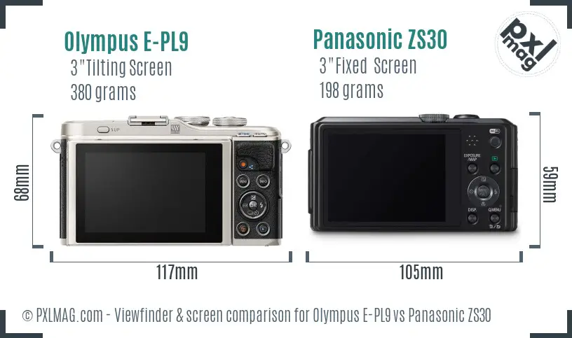 Olympus E-PL9 vs Panasonic ZS30 Screen and Viewfinder comparison