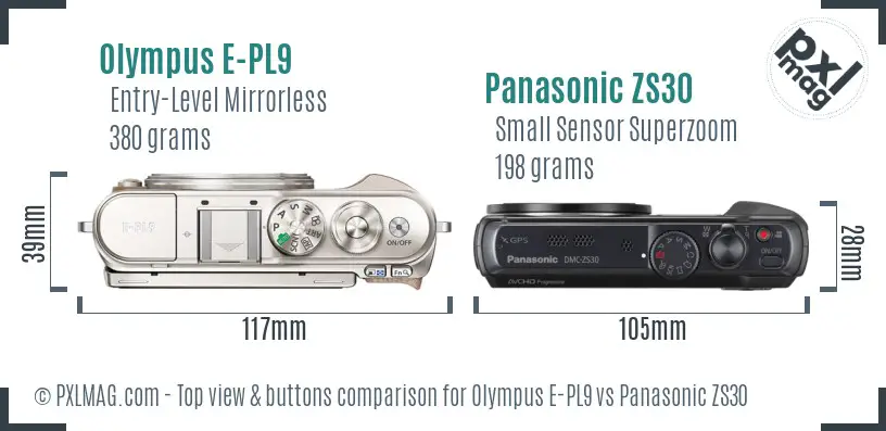 Olympus E-PL9 vs Panasonic ZS30 top view buttons comparison