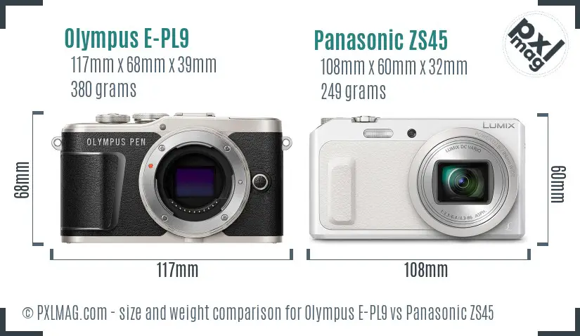 Olympus E-PL9 vs Panasonic ZS45 size comparison