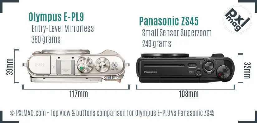 Olympus E-PL9 vs Panasonic ZS45 top view buttons comparison