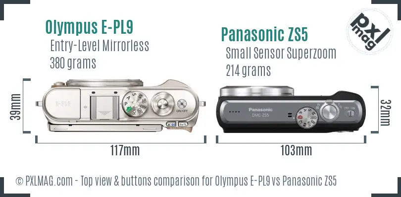 Olympus E-PL9 vs Panasonic ZS5 top view buttons comparison